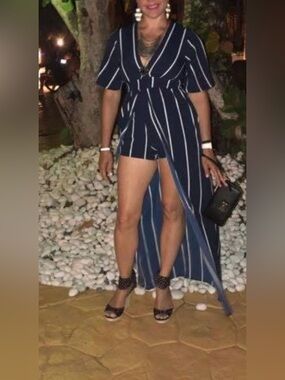 Japna Navy and White Striped Romper Maxi